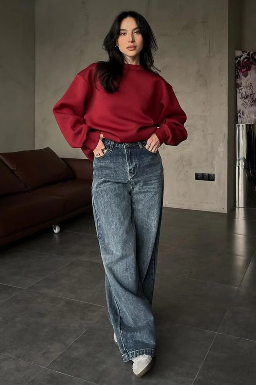 Madmext Bordo Basic Sweatshirt Kadın Uzun Kollu Oversize Kesim MG1559 Cepsiz Rahat Tasarım görsel 7