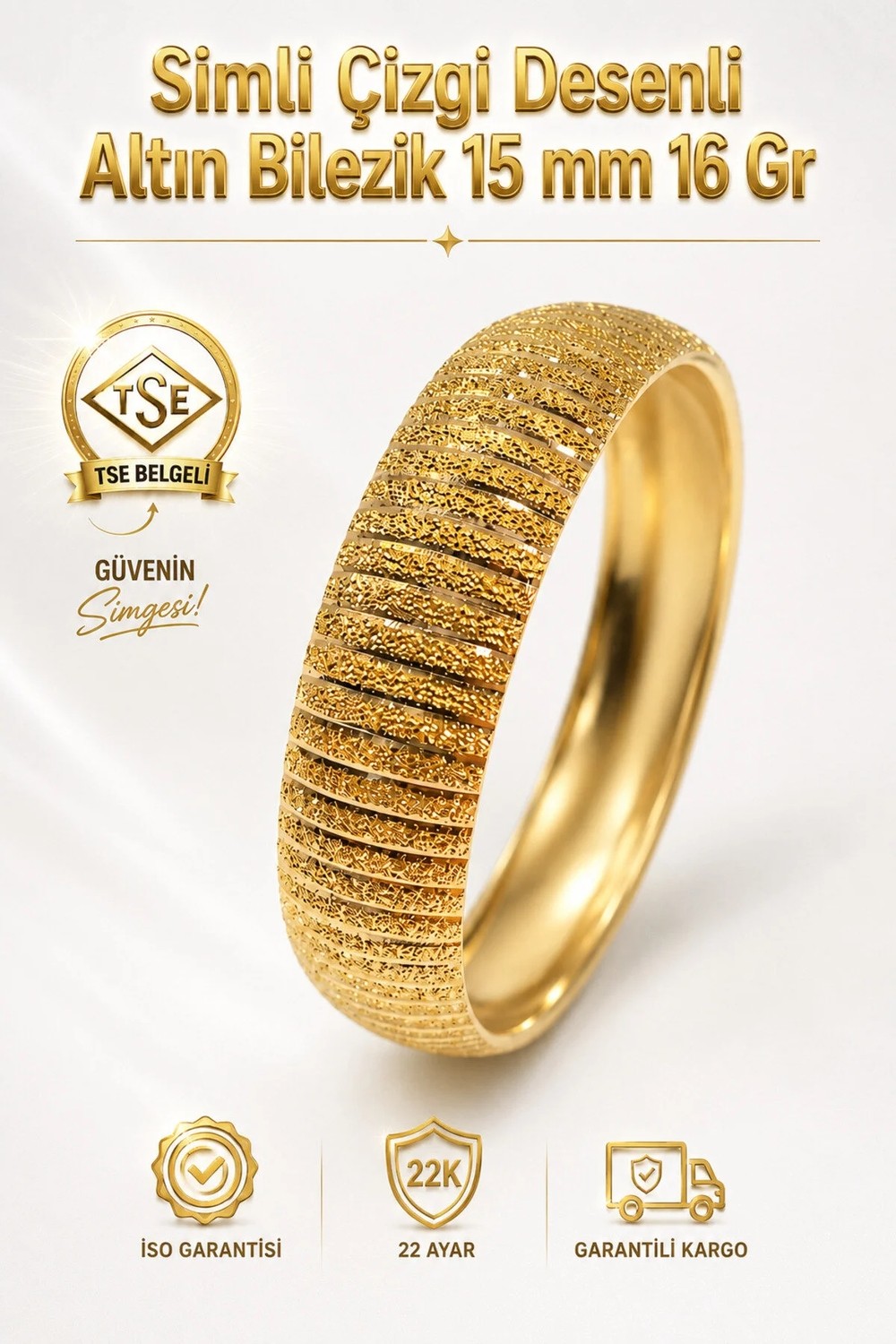 Aks Gold 22 Ayar Tse Belgeli 16 Gram Simli Çizgi Desenli Altın Bilezik 15 mm Gold Bilezik Düğün Nişan