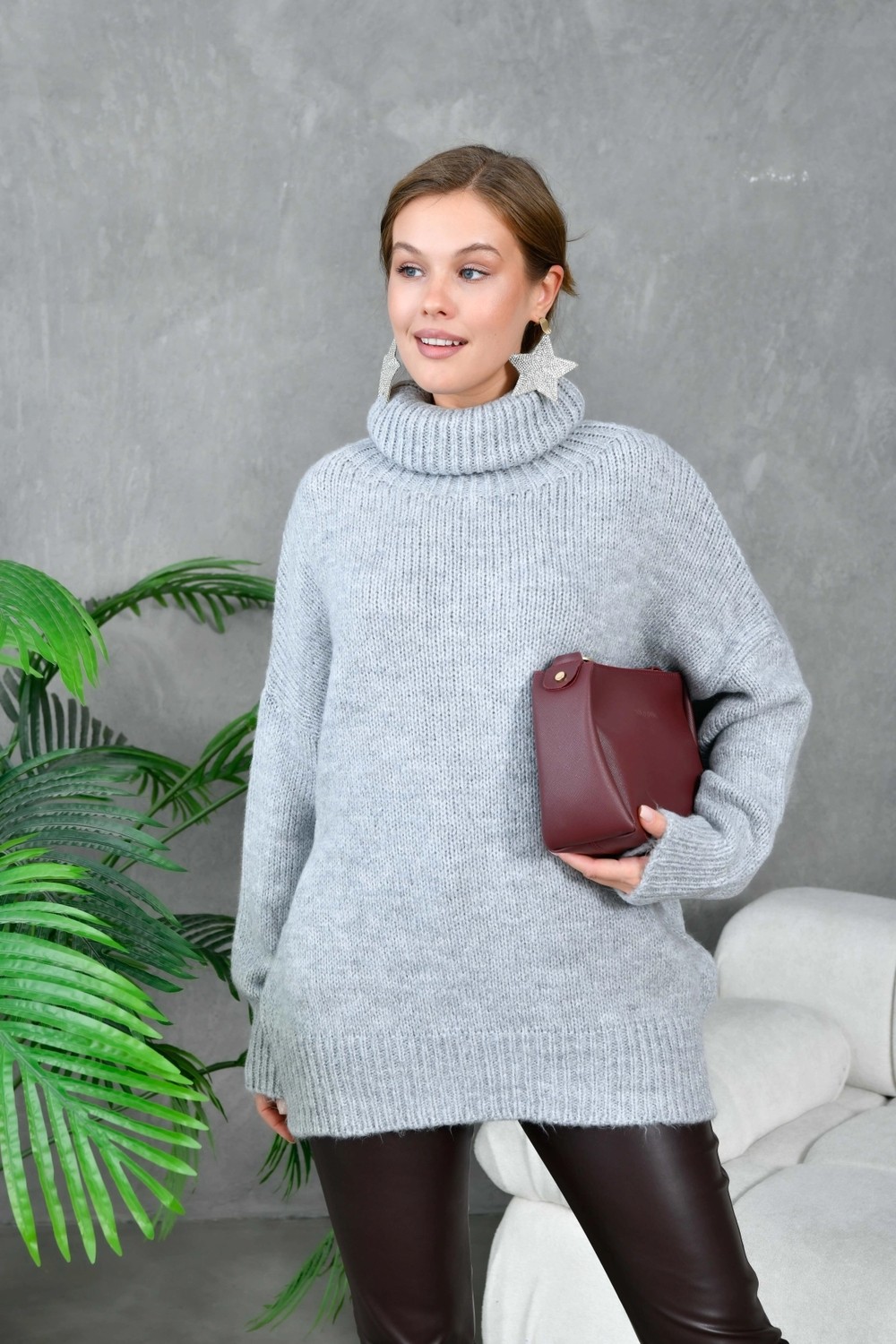 Parkkaron Kadın Balıkçı Yaka Kaşkorse Oversize Triko Tunik 223009 görsel 3