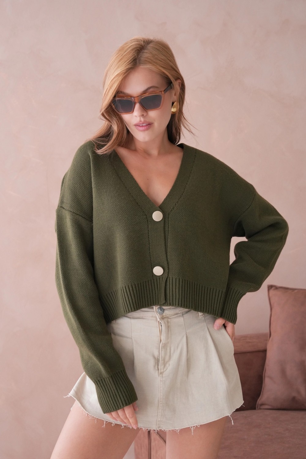 Parkkaron Kadın Polo Yakka Düğme Detay Oversize Triko Hırka görsel 4