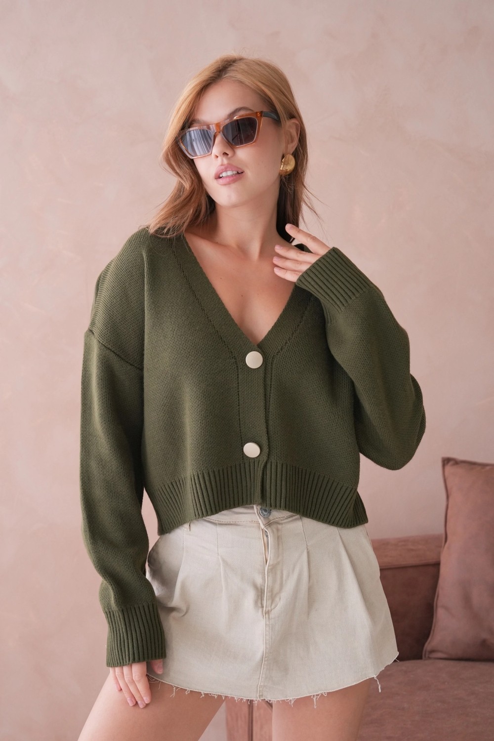 Parkkaron Kadın Polo Yakka Düğme Detay Oversize Triko Hırka görsel 5