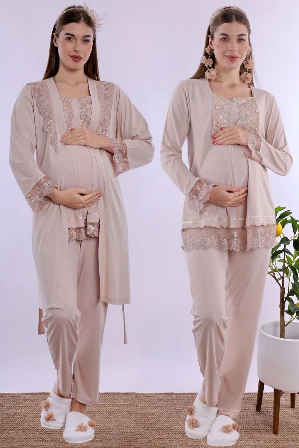 bylohusa Rahat Kesim Emzirme Özellikli Sabahlıklı Hamile Lohusa Pijama Takımı Effortt - Bej