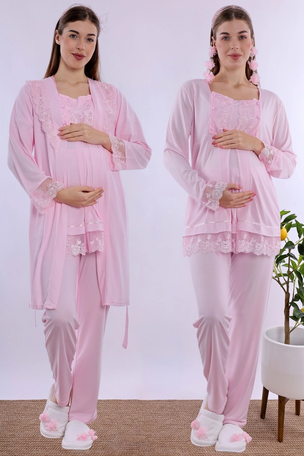 bylohusa Rahat Kesim Emzirme Özellikli Sabahlıklı Hamile Lohusa Pijama Takımı Effortt - Bej