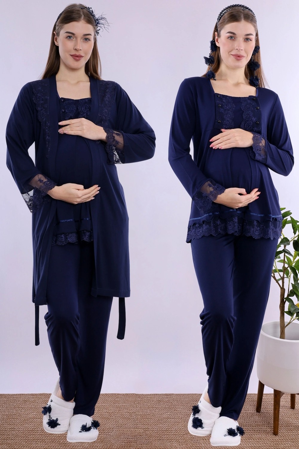 bylohusa Rahat Kesim Emzirme Özellikli Sabahlıklı Hamile Lohusa Pijama Takımı Effortt - Bej