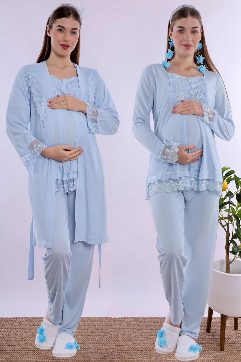 bylohusa Rahat Kesim Emzirme Özellikli Sabahlıklı Hamile Lohusa Pijama Takımı Effortt - Bej