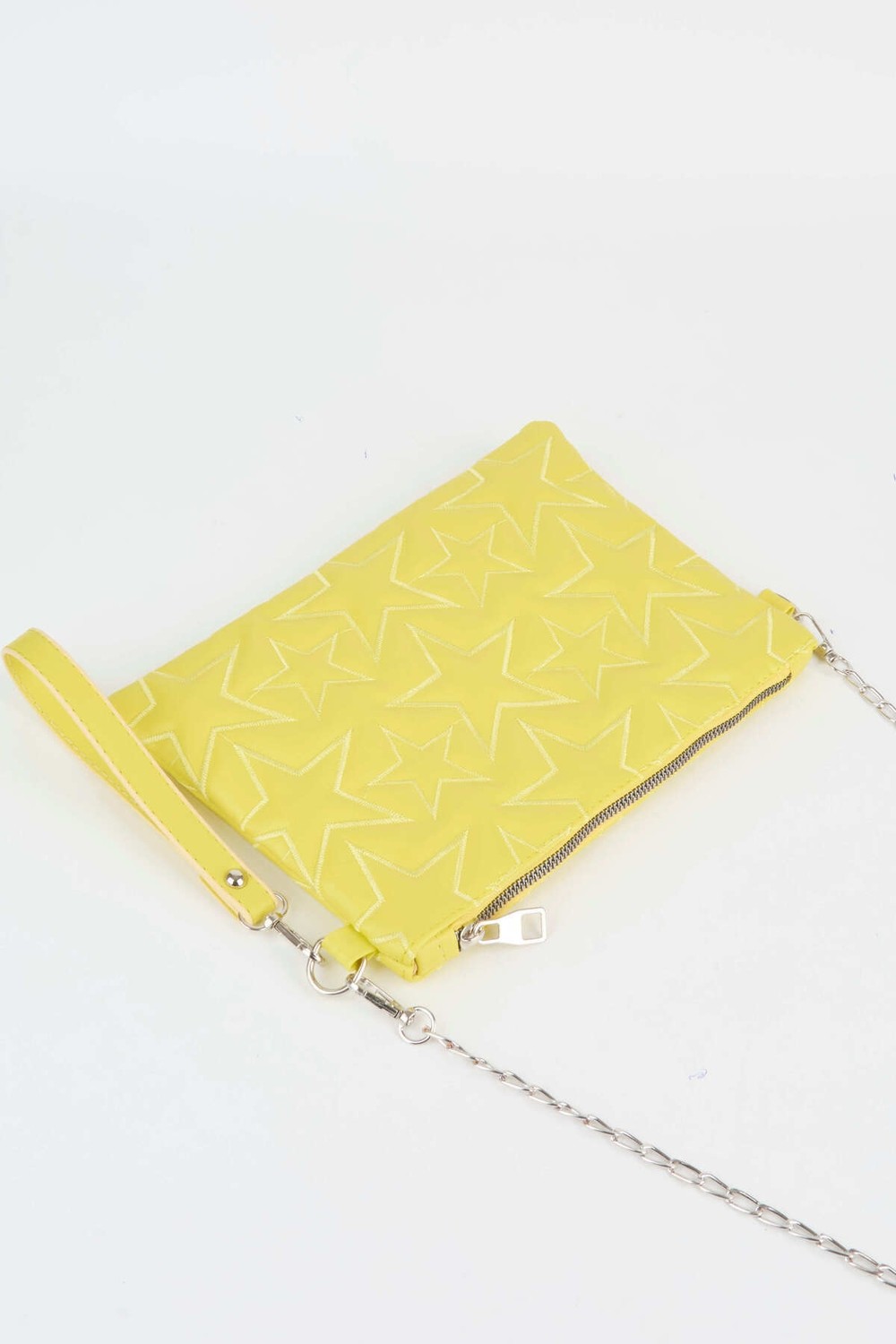 Vivaq Kadın Neon Sarı Yıldız Nakışlı Suni Deri Bilek ve Zincir Askılı Portföy El ve Clutch Çanta görsel 2
