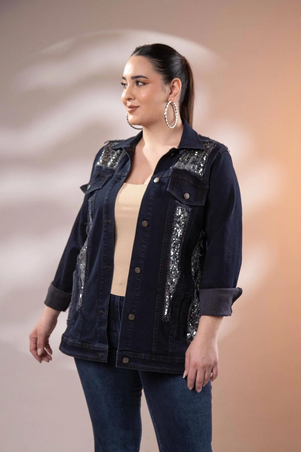 Roxxlen 122166 Pul Payetli Denim Ceket Lacivert görsel 2