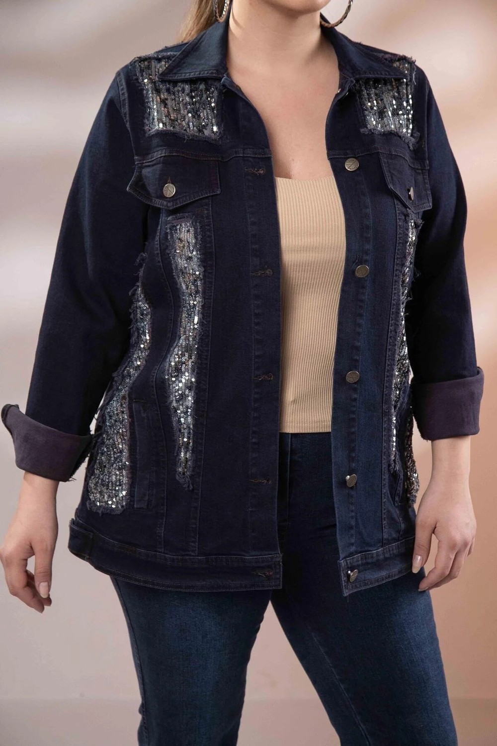 Roxxlen 122166 Pul Payetli Denim Ceket Lacivert görsel 3