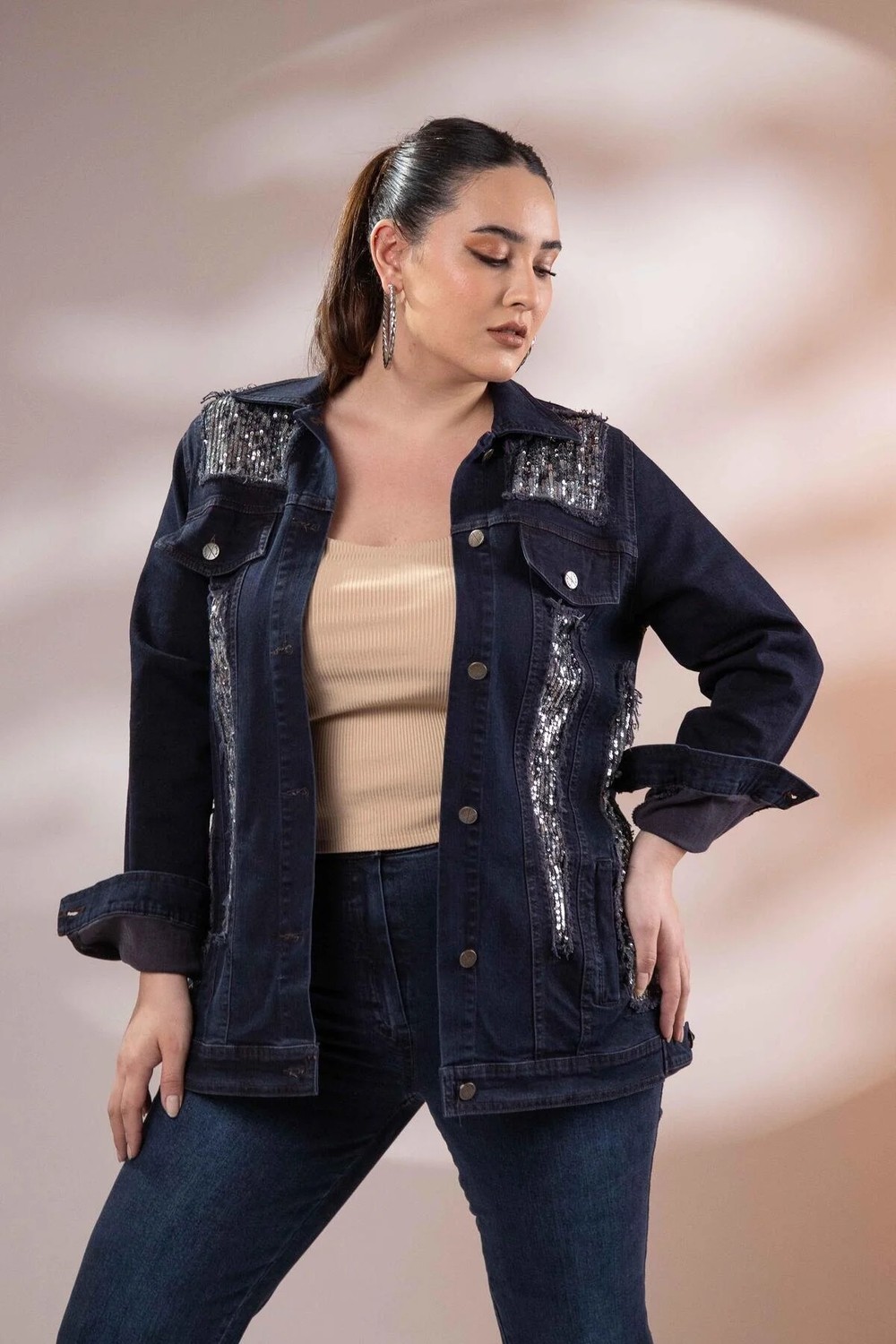 Roxxlen 122166 Pul Payetli Denim Ceket Lacivert görsel 4