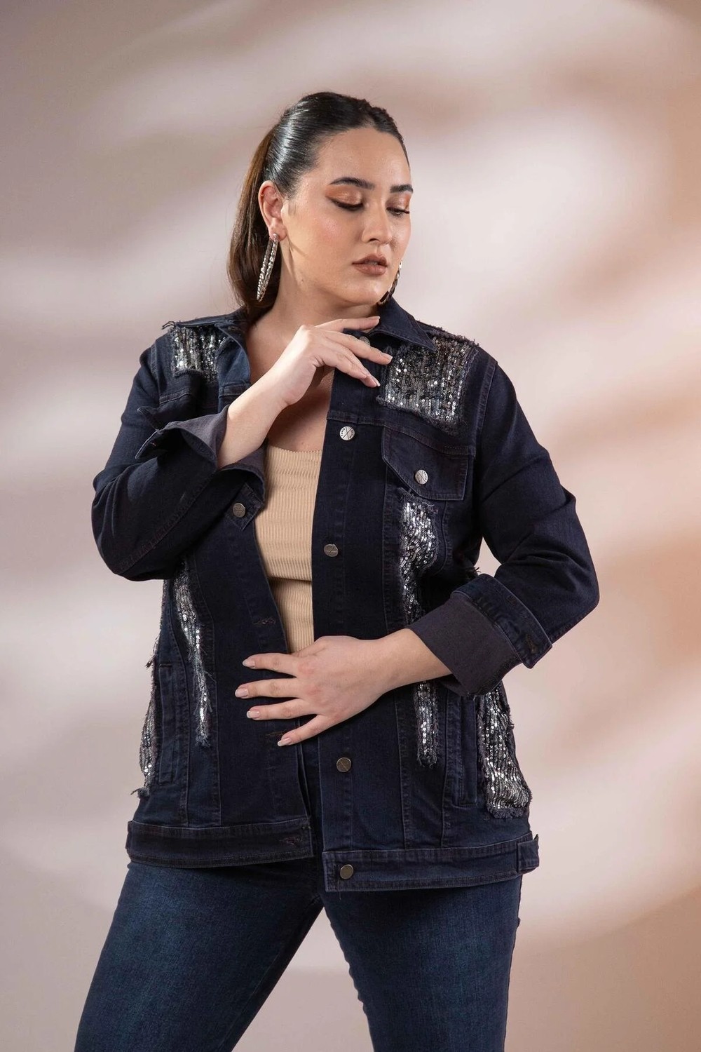 Roxxlen 122166 Pul Payetli Denim Ceket Lacivert görsel 5
