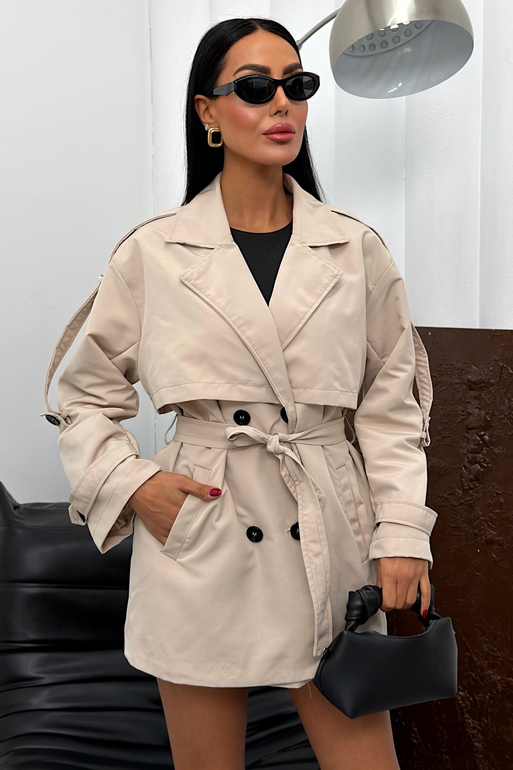 Moda Armanc Kadın Mevsimlik Keten Trençkot Ceket - Düğmeli Kemerli Kruvaze Yaka Kısa Trenç Ceket
