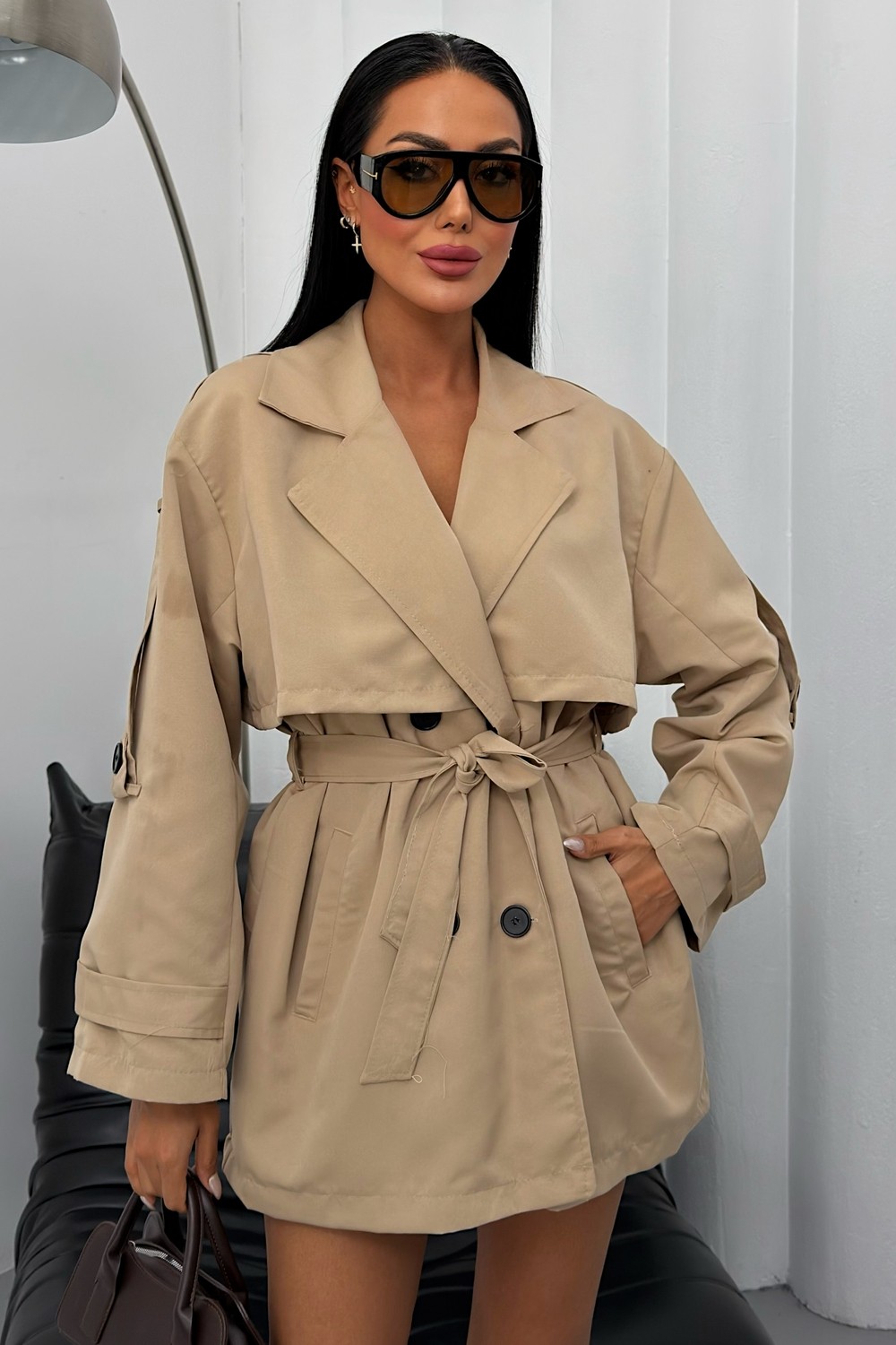 Moda Armanc Kadın Mevsimlik Keten Trençkot Ceket - Düğmeli Kemerli Kruvaze Yaka Kısa Trenç Ceket görsel 6