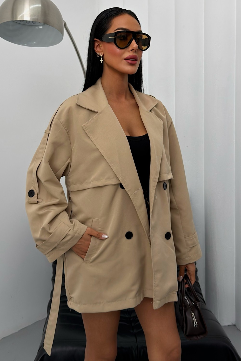 Moda Armanc Kadın Mevsimlik Keten Trençkot Ceket - Düğmeli Kemerli Kruvaze Yaka Kısa Trenç Ceket görsel 7