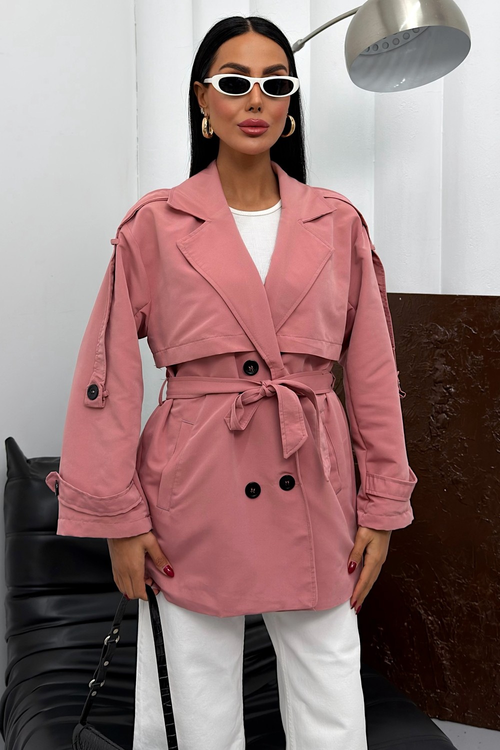 Moda Armanc Kadın Mevsimlik Keten Trençkot Ceket - Düğmeli Kemerli Kruvaze Yaka Kısa Trenç Ceket