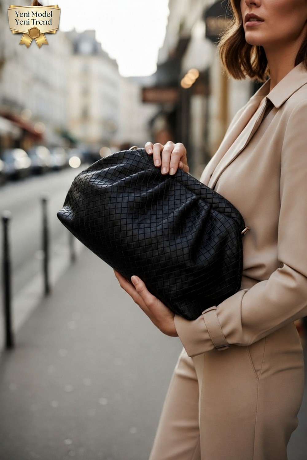 CLASSBAG Kadın Siyah Örgü Desenli Portföy&clutch ve Ayarlanabilir Askılı Omuz Çantası