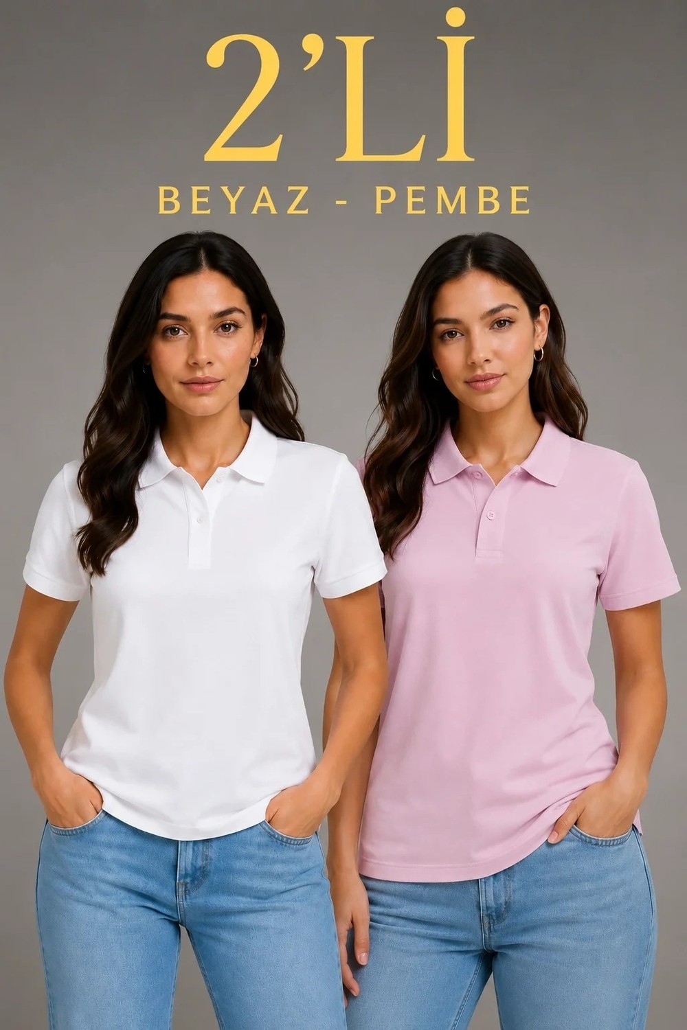 Tarz Yeri 2'li Kadın Polo Yaka Pike Kumaş Düğmeli Basic Tişört Günlük Rahat Kesim - Beyaz, Pembe