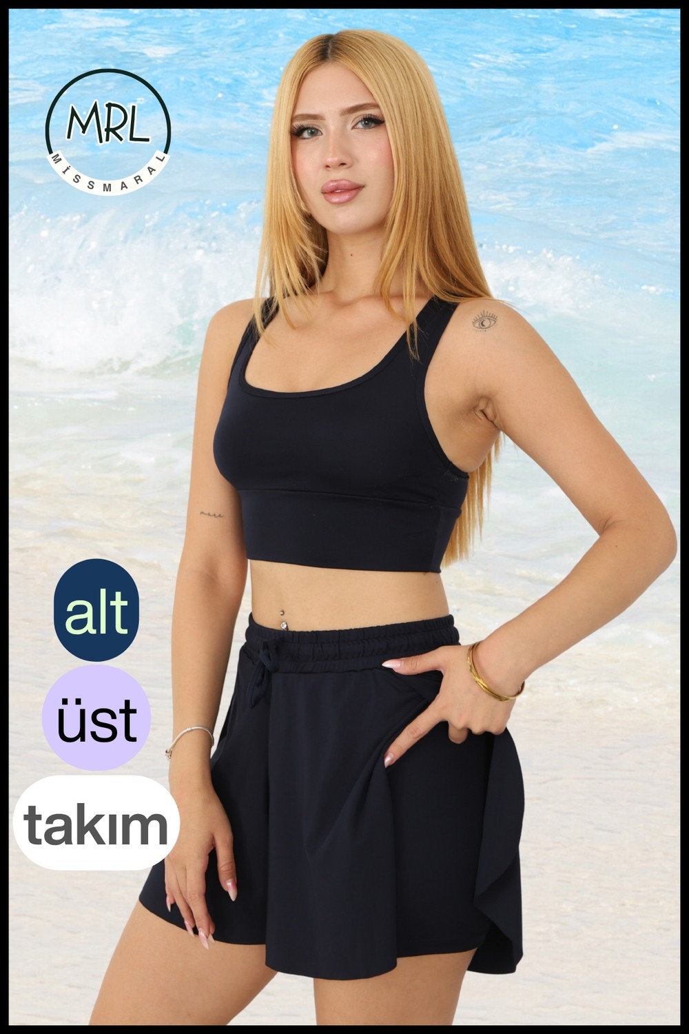 Miss Maral Kadın Siyah Iki Katmanlı Spor Mayo Takım, Sabit Pedli Üst, Cepli Beli Lastikli Şort TK3108 görsel 2