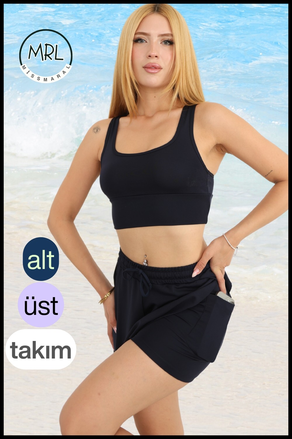 Miss Maral Kadın Siyah Iki Katmanlı Spor Mayo Takım, Sabit Pedli Üst, Cepli Beli Lastikli Şort TK3108 görsel 3