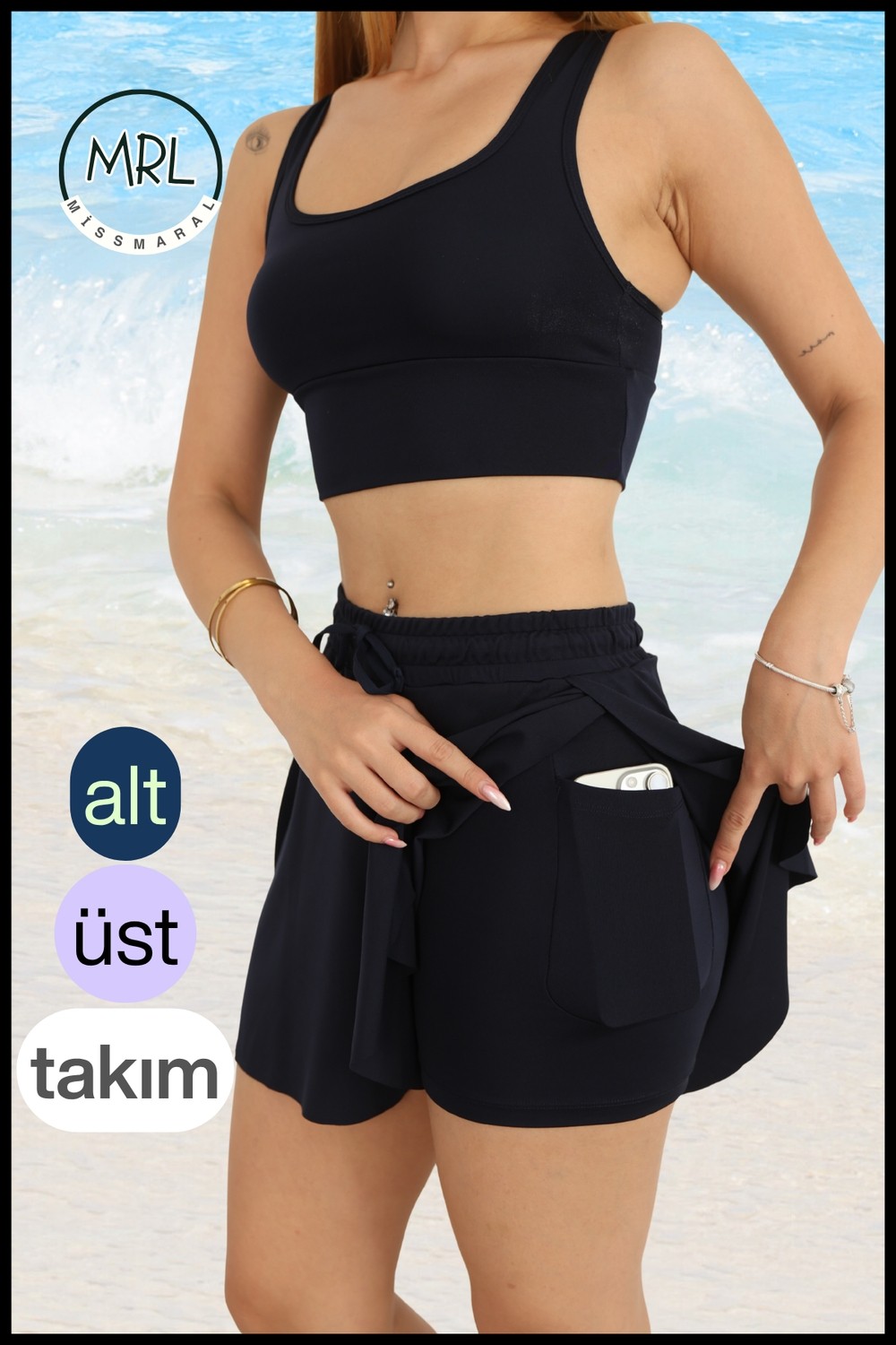 Miss Maral Kadın Siyah Iki Katmanlı Spor Mayo Takım, Sabit Pedli Üst, Cepli Beli Lastikli Şort TK3108 görsel 4