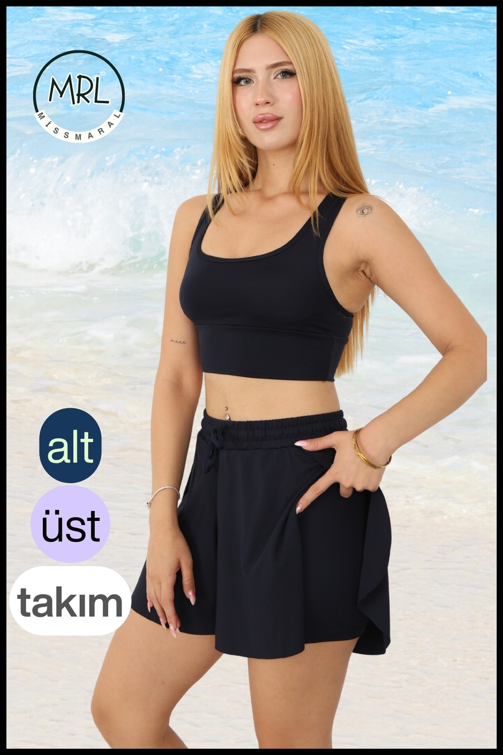 Miss Maral Kadın Siyah Iki Katmanlı Spor Mayo Takım, Sabit Pedli Üst, Cepli Beli Lastikli Şort TK3108 görsel 5