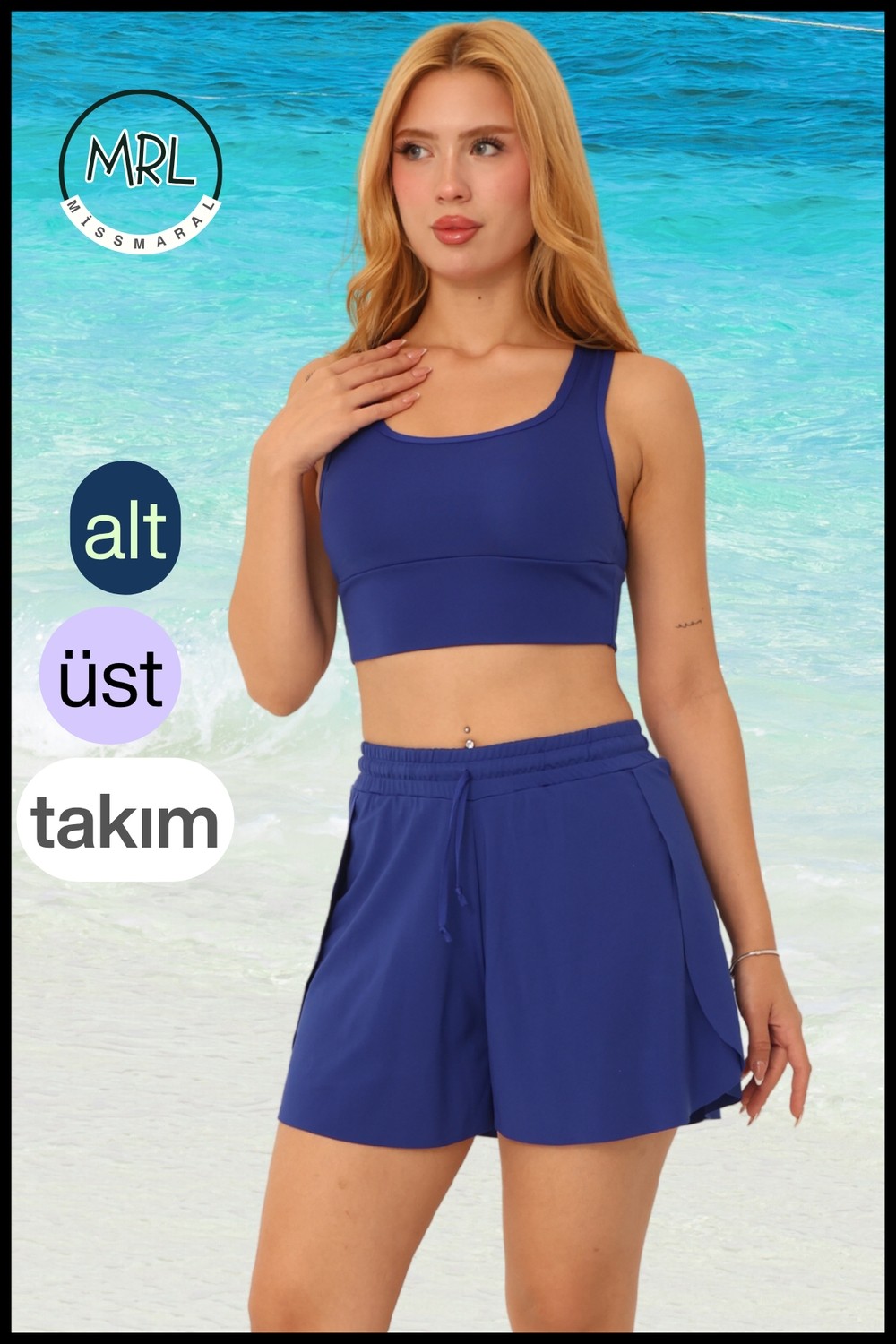 Miss Maral Kadın Siyah Iki Katmanlı Spor Mayo Takım, Sabit Pedli Üst, Cepli Beli Lastikli Şort TK3108