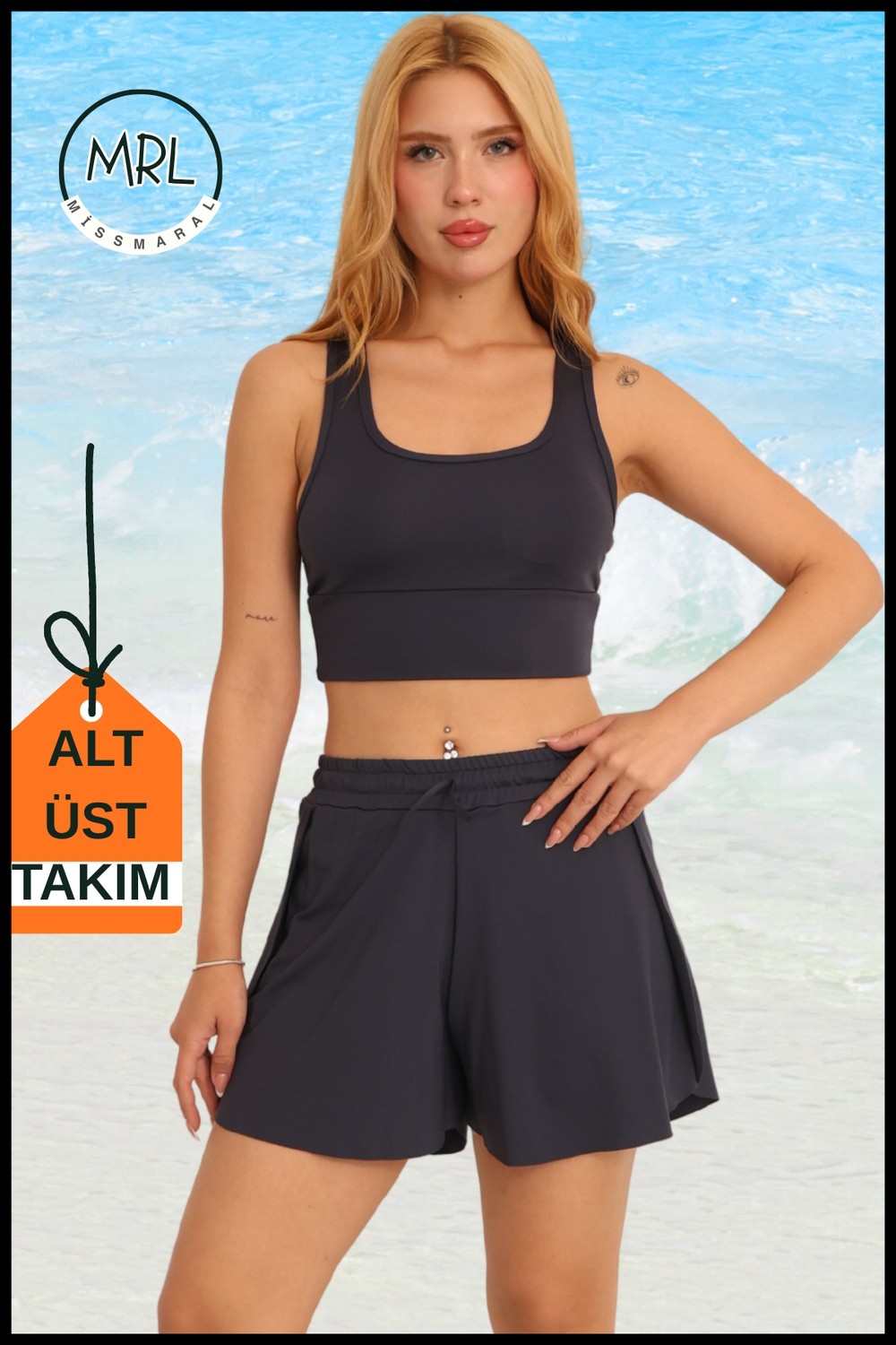 Miss Maral Kadın Siyah Iki Katmanlı Spor Mayo Takım, Sabit Pedli Üst, Cepli Beli Lastikli Şort TK3108 görsel 7