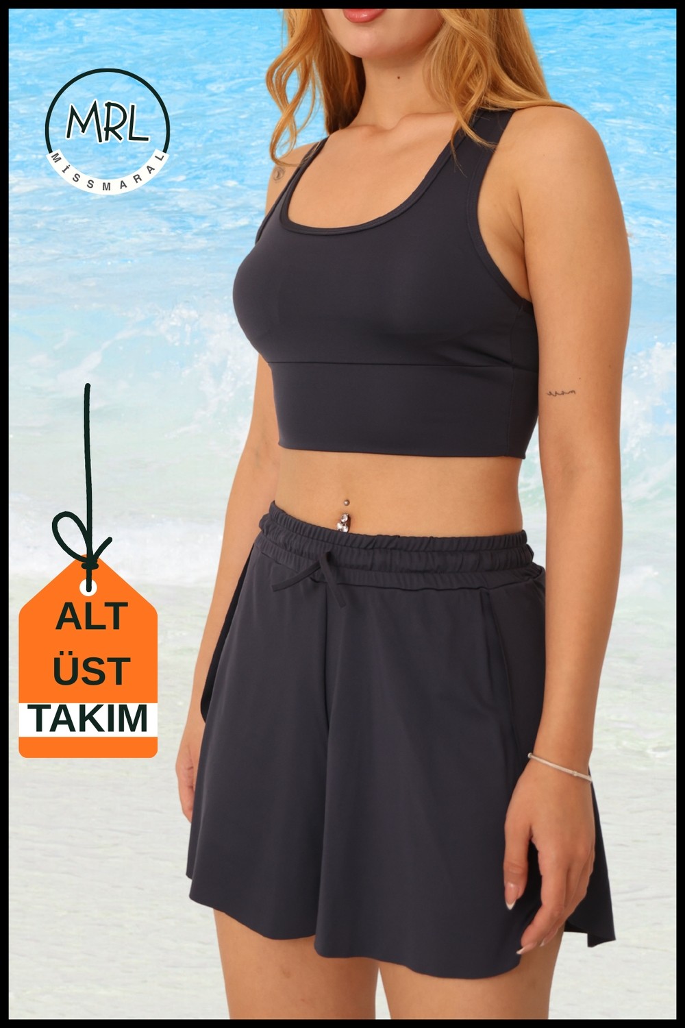 Miss Maral Kadın Siyah Iki Katmanlı Spor Mayo Takım, Sabit Pedli Üst, Cepli Beli Lastikli Şort TK3108 görsel 8