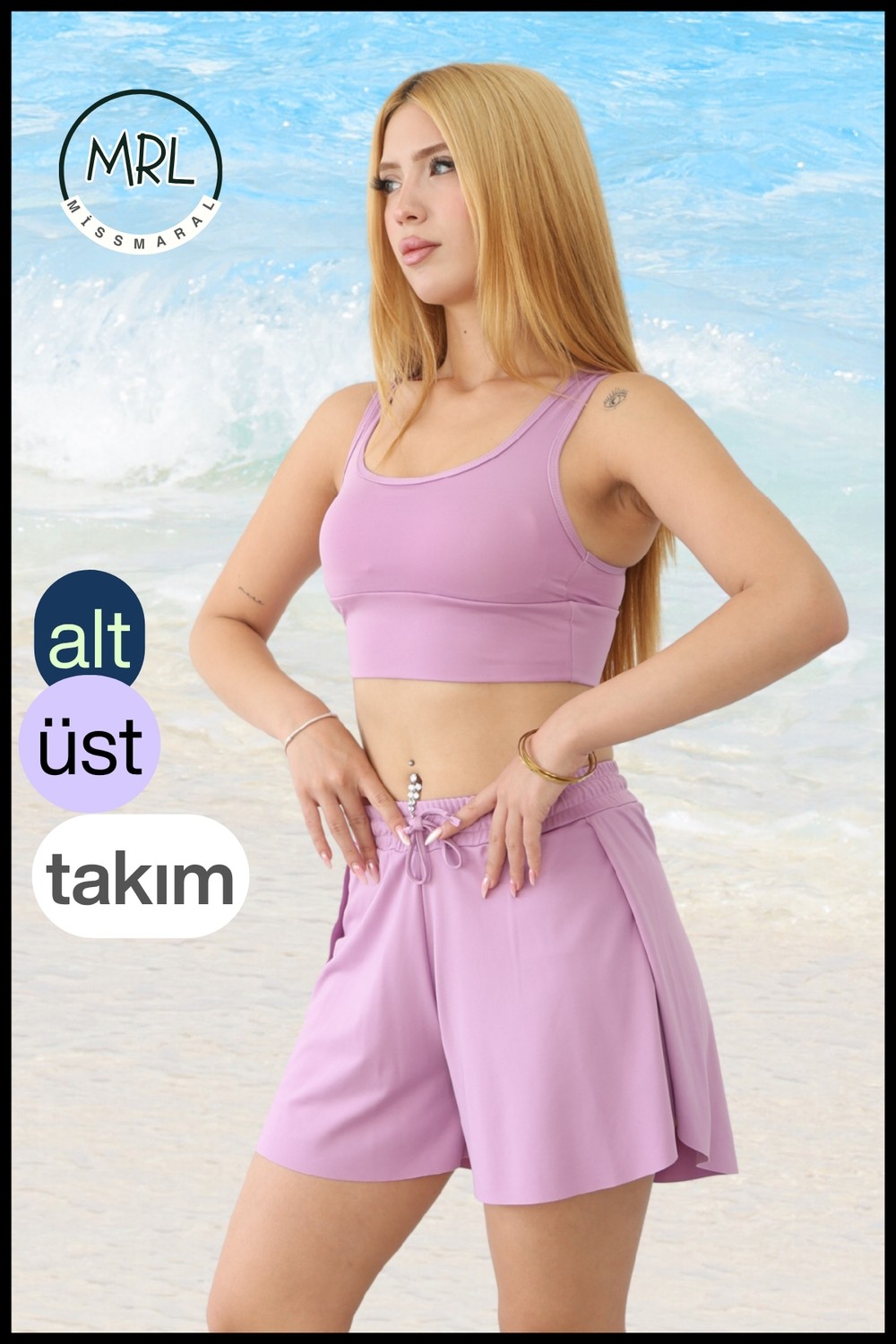 Miss Maral Kadın Siyah Iki Katmanlı Spor Mayo Takım, Sabit Pedli Üst, Cepli Beli Lastikli Şort TK3108
