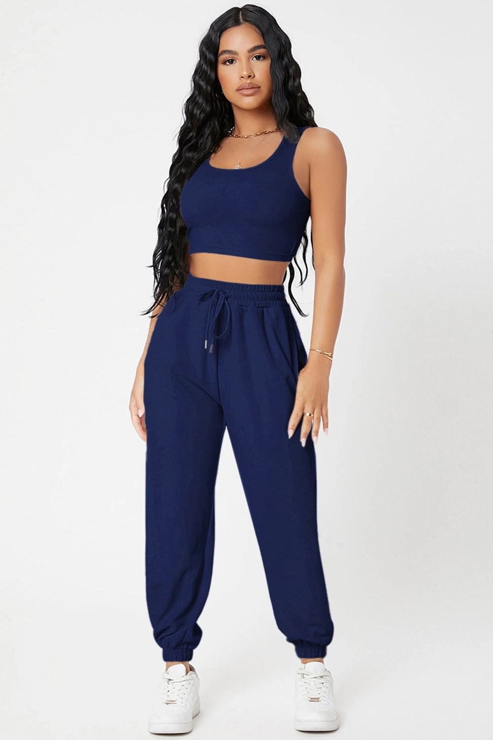 Kapsulavm Kadın Lacivert Kaşkorse Cepli Jogger Eşofman Altı ve Crop Top Bluz