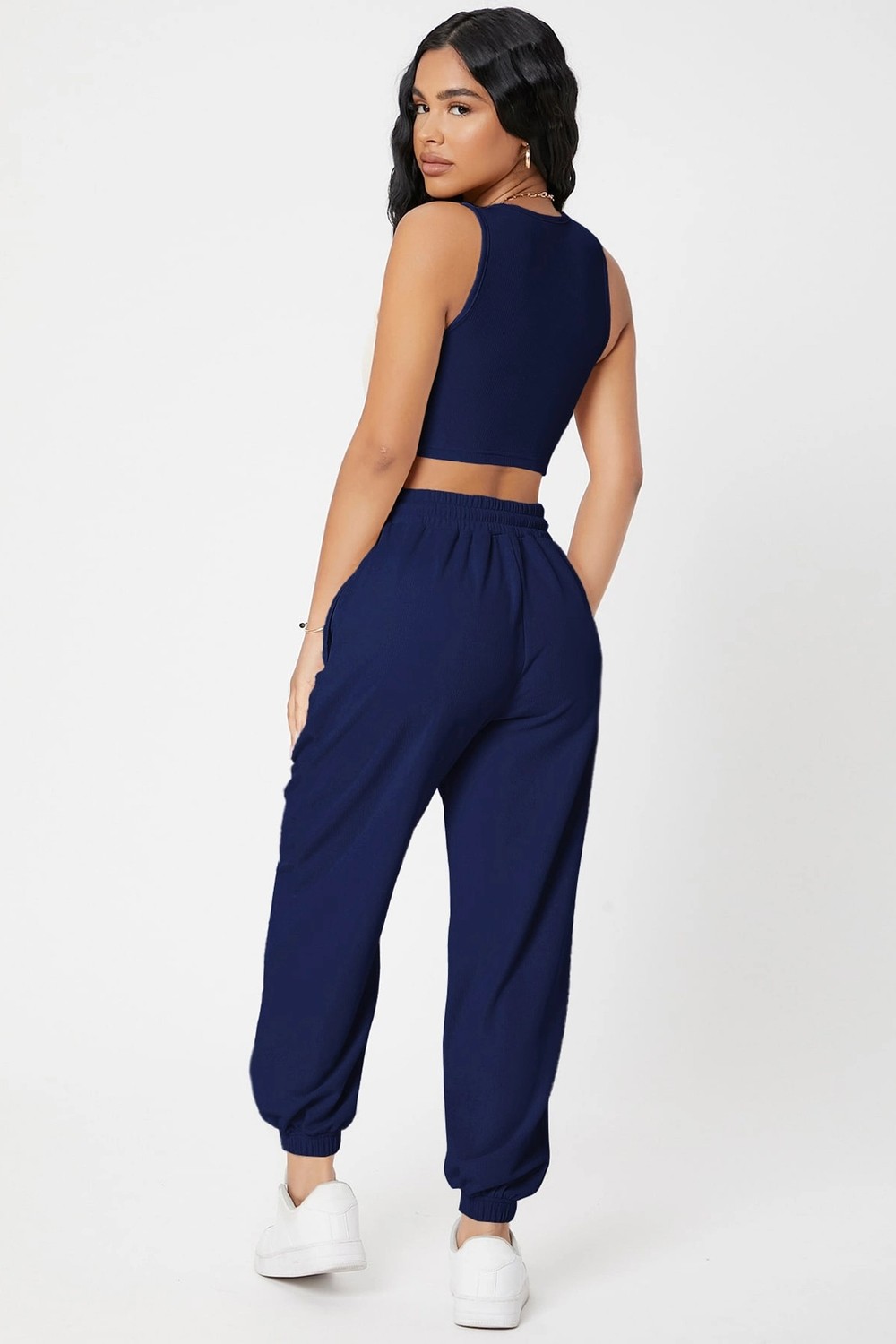 Kapsulavm Kadın Lacivert Kaşkorse Cepli Jogger Eşofman Altı ve Crop Top Bluz görsel 2