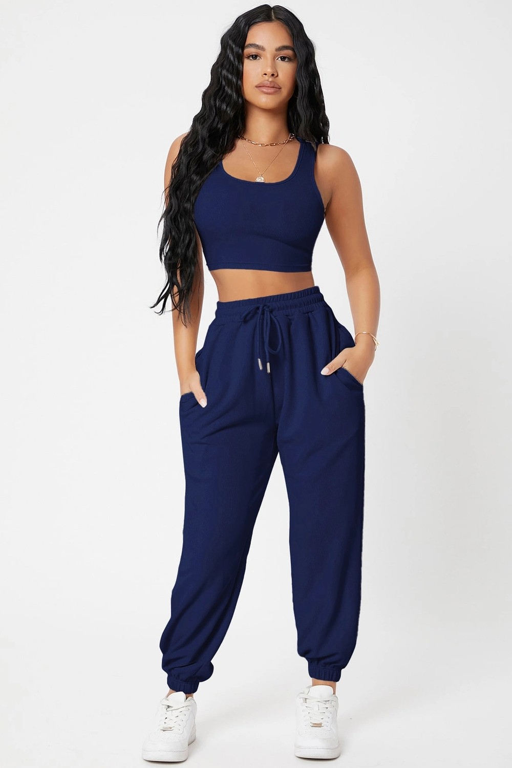Kapsulavm Kadın Lacivert Kaşkorse Cepli Jogger Eşofman Altı ve Crop Top Bluz görsel 4