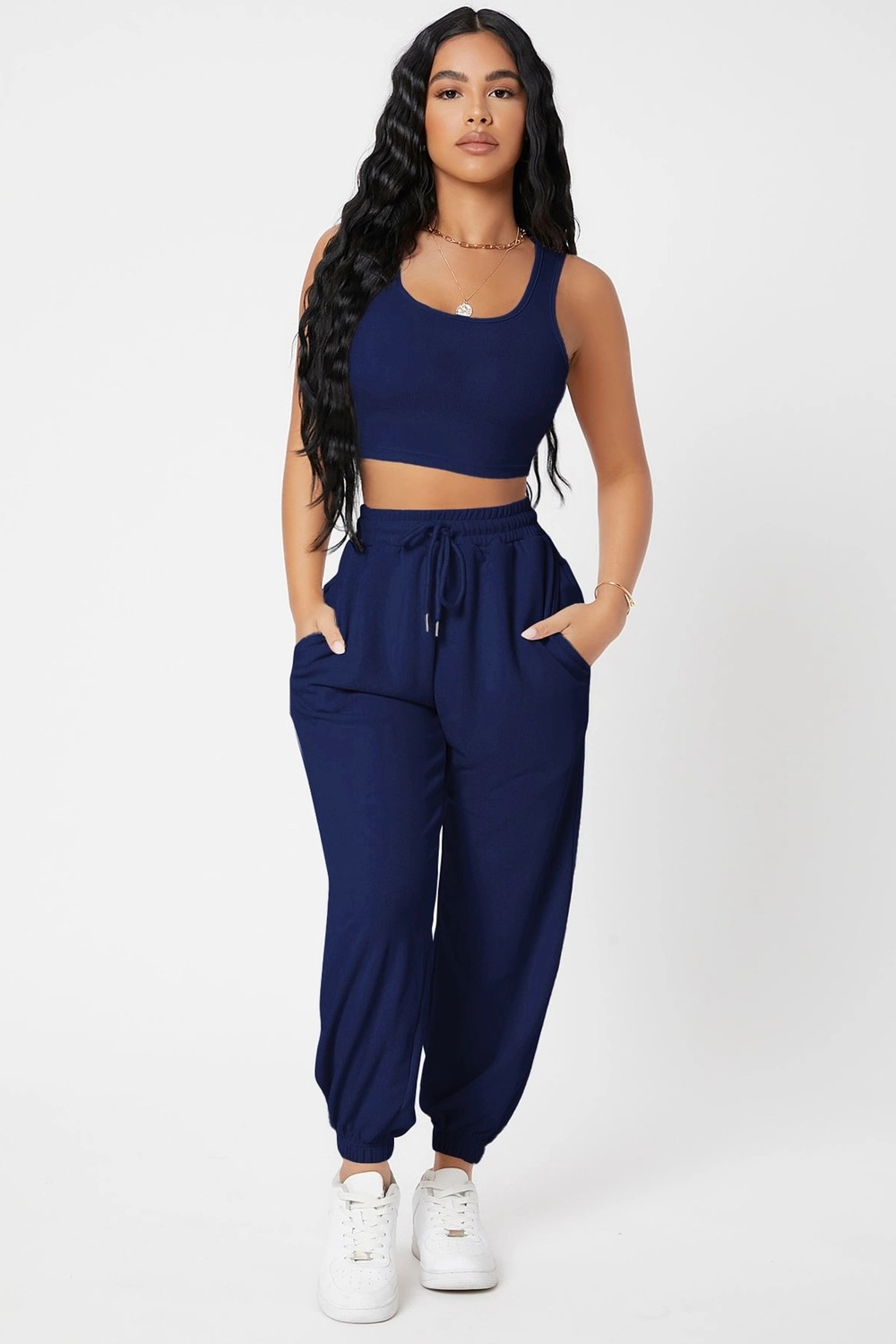 Kapsulavm Kadın Lacivert Kaşkorse Cepli Jogger Eşofman Altı ve Crop Top Bluz görsel 5