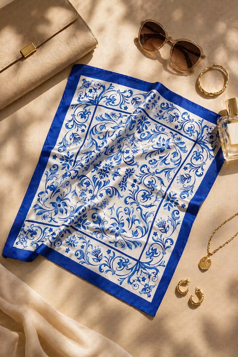 OUS Kadın Kahverengi Bordo Şal Desenli 70X70 cm Saten Fular, Ipeksi Dokulu Kare Boyun Saç ve Çanta Aksesuarı
