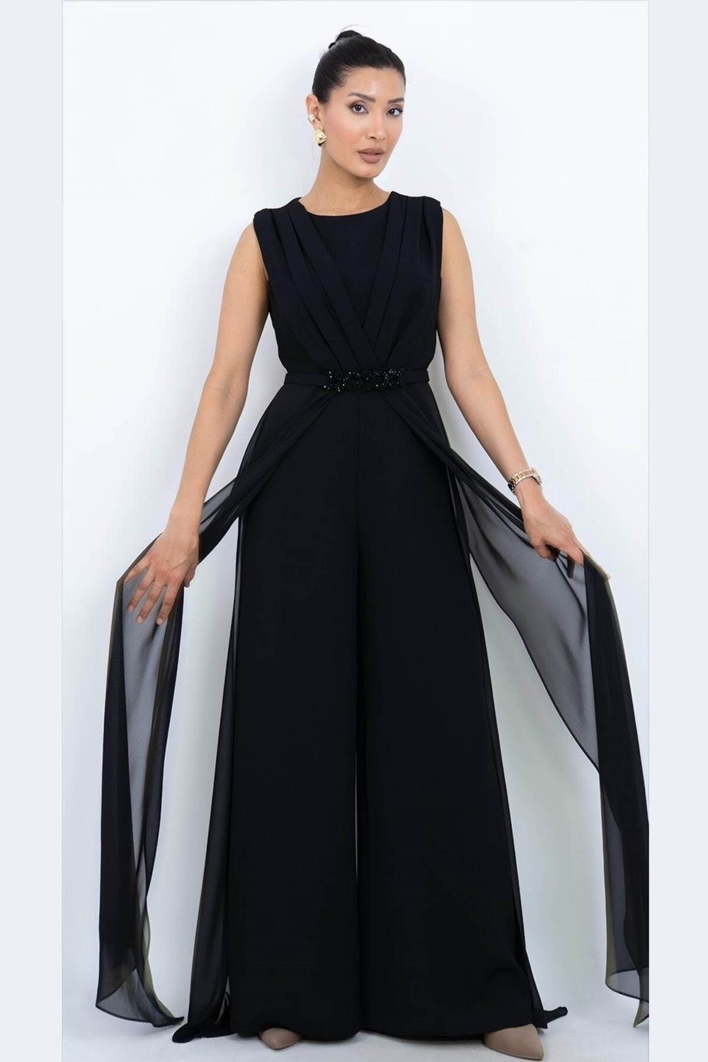 Zishan Fashion Prestij Seri Siyah Geniş Paça Pileli Taşlı Kemer Abiye Tulum Büyük Beden 56005