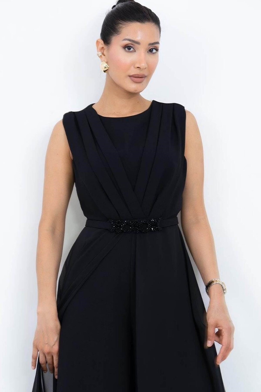 Zishan Fashion Prestij Seri Siyah Geniş Paça Pileli Taşlı Kemer Abiye Tulum Büyük Beden 56005 görsel 2