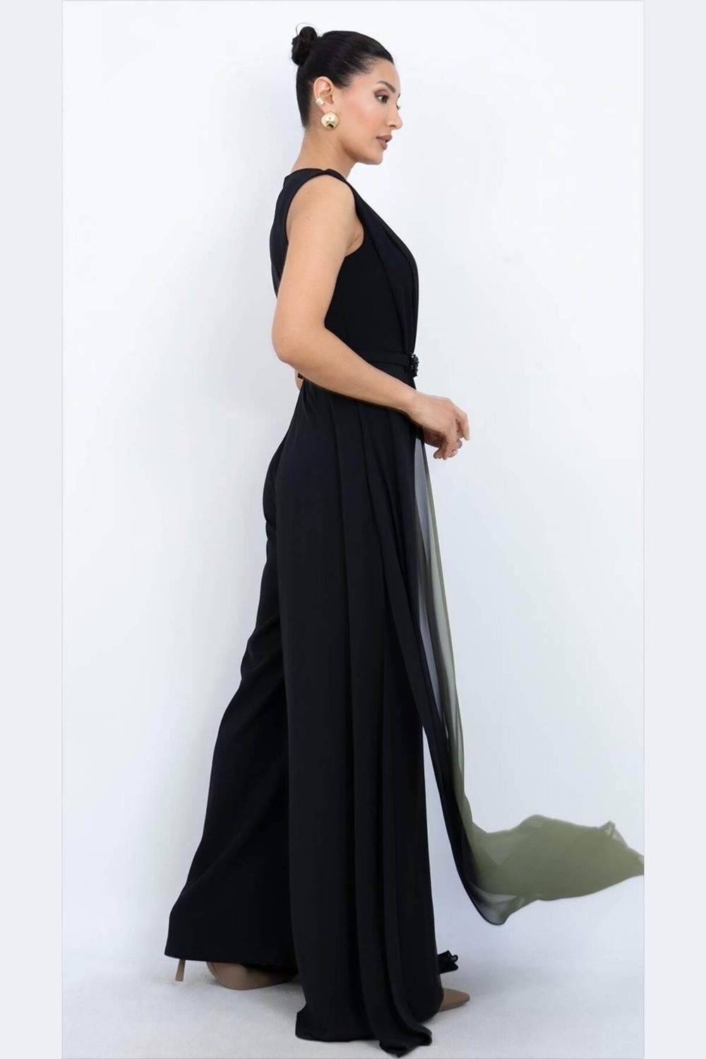 Zishan Fashion Prestij Seri Siyah Geniş Paça Pileli Taşlı Kemer Abiye Tulum Büyük Beden 56005 görsel 3