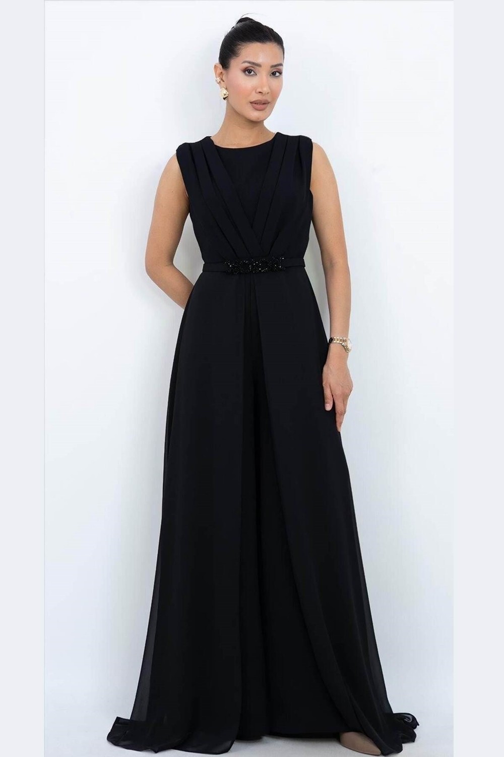 Zishan Fashion Prestij Seri Siyah Geniş Paça Pileli Taşlı Kemer Abiye Tulum Büyük Beden 56005 görsel 4