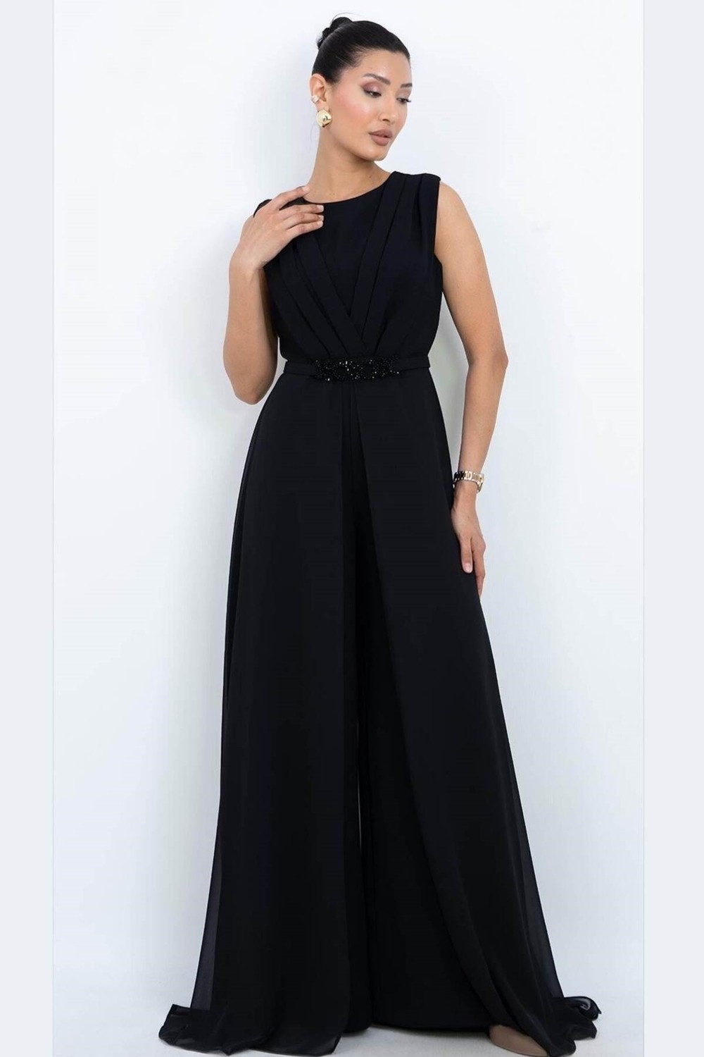 Zishan Fashion Prestij Seri Siyah Geniş Paça Pileli Taşlı Kemer Abiye Tulum Büyük Beden 56005 görsel 5