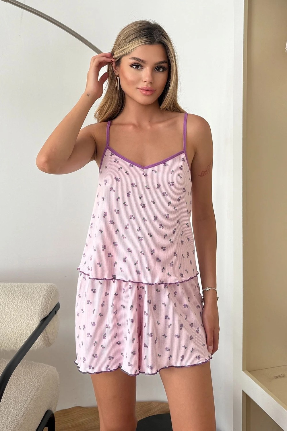 Giysa Kadın Askılı Çiçek desenli Şortlu Pijama Takımı Pembe Çiçek - 3300 görsel 6