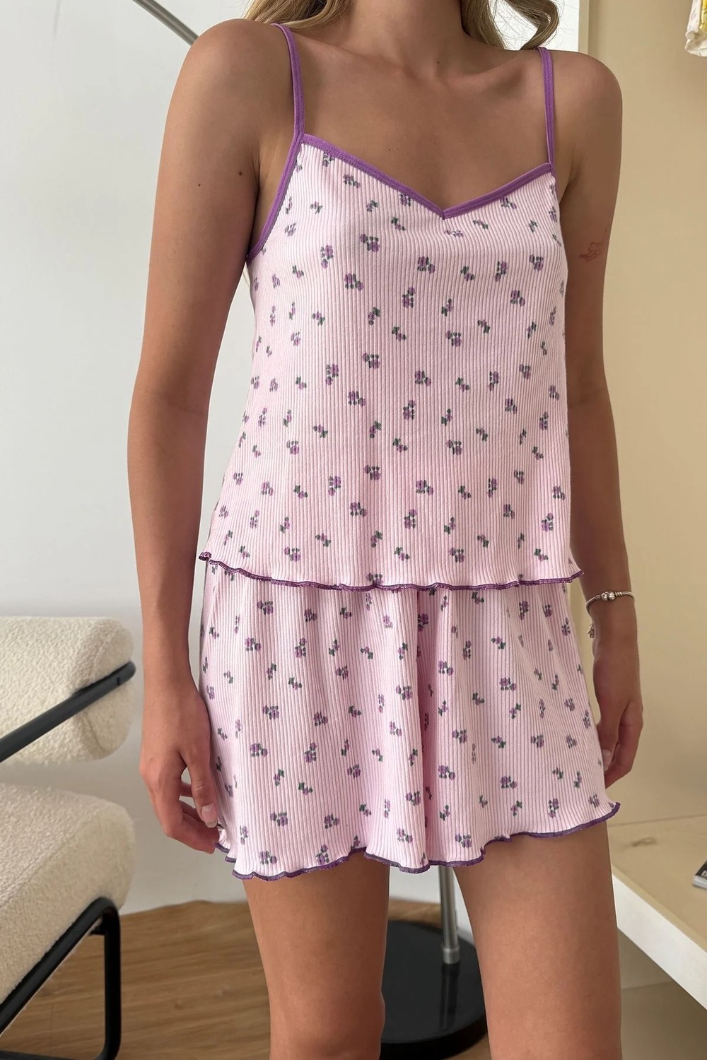 Giysa Kadın Askılı Çiçek desenli Şortlu Pijama Takımı Pembe Çiçek - 3300 görsel 7