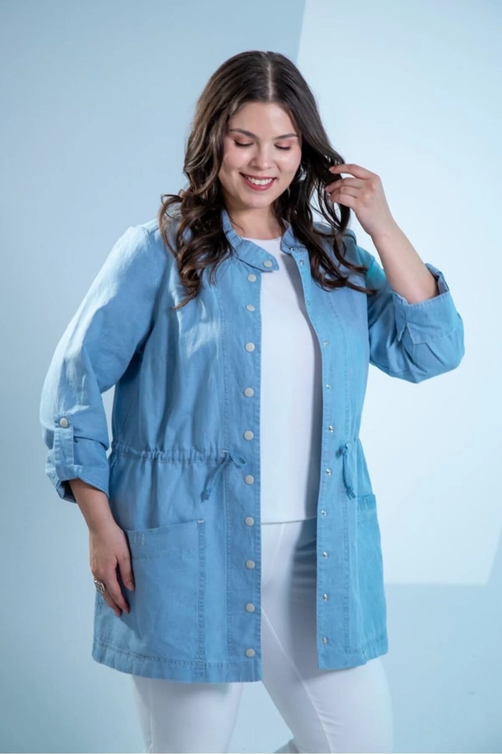 Roxxlen Büyük Beden Bel Bağlamalı Denim Gömlek Mavi