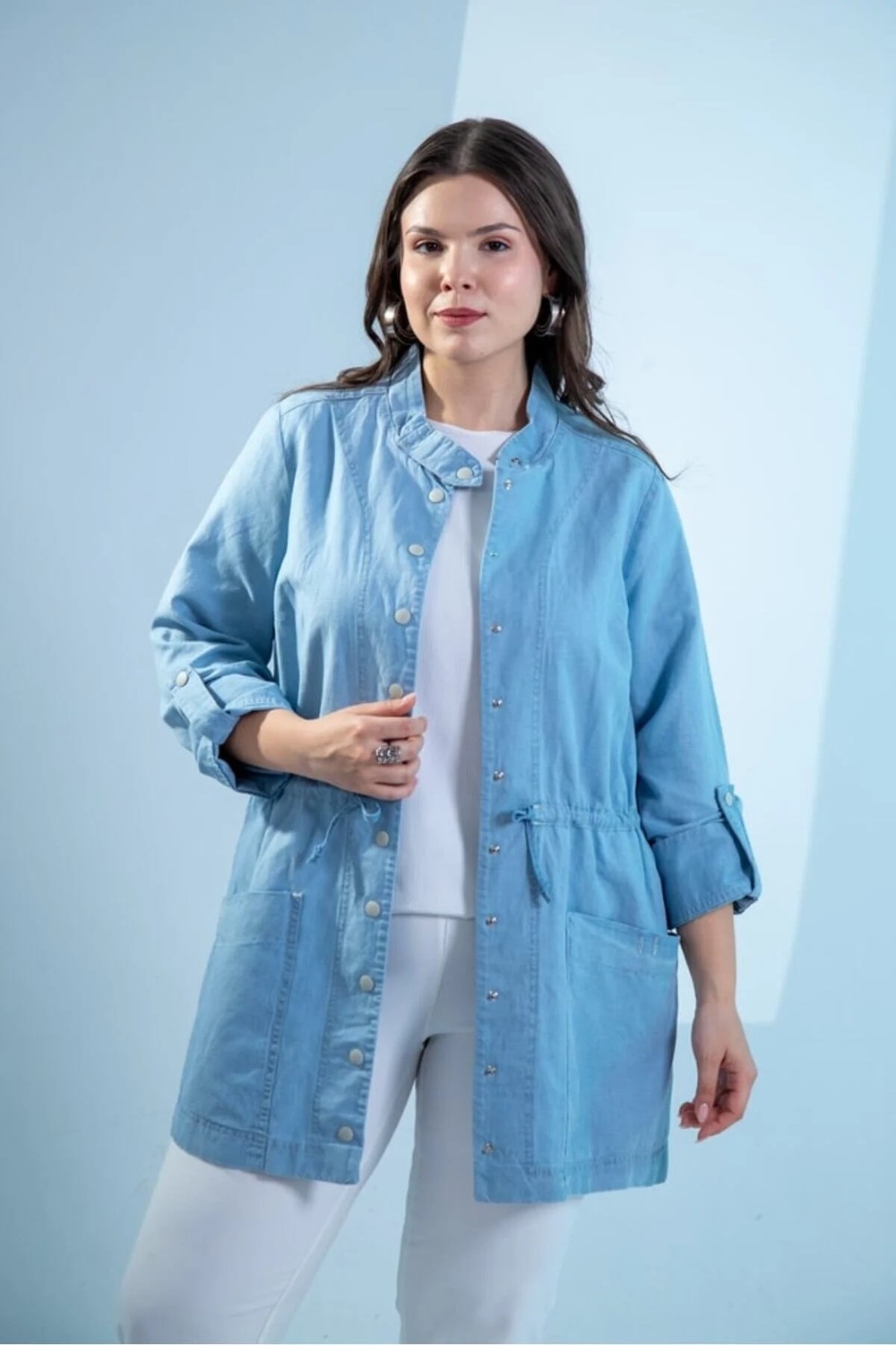 Roxxlen Büyük Beden Bel Bağlamalı Denim Gömlek Mavi görsel 3
