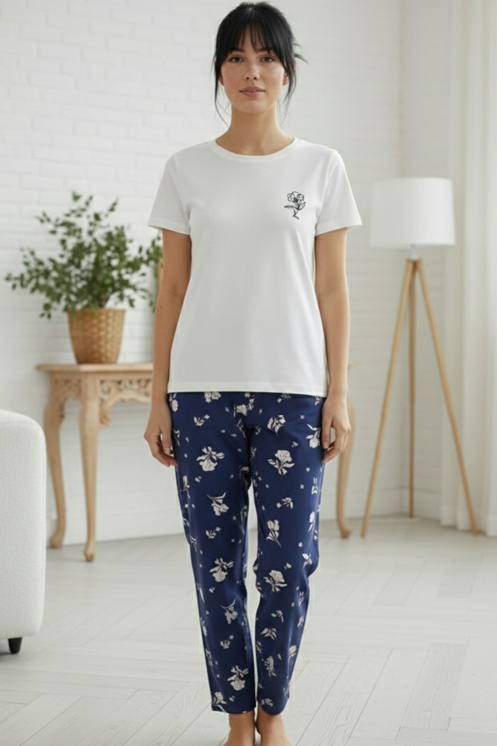 Siyah İnci Ekru Desenli Pamuklu Bisiklet Yaka Örme Pijama Takım görsel 2