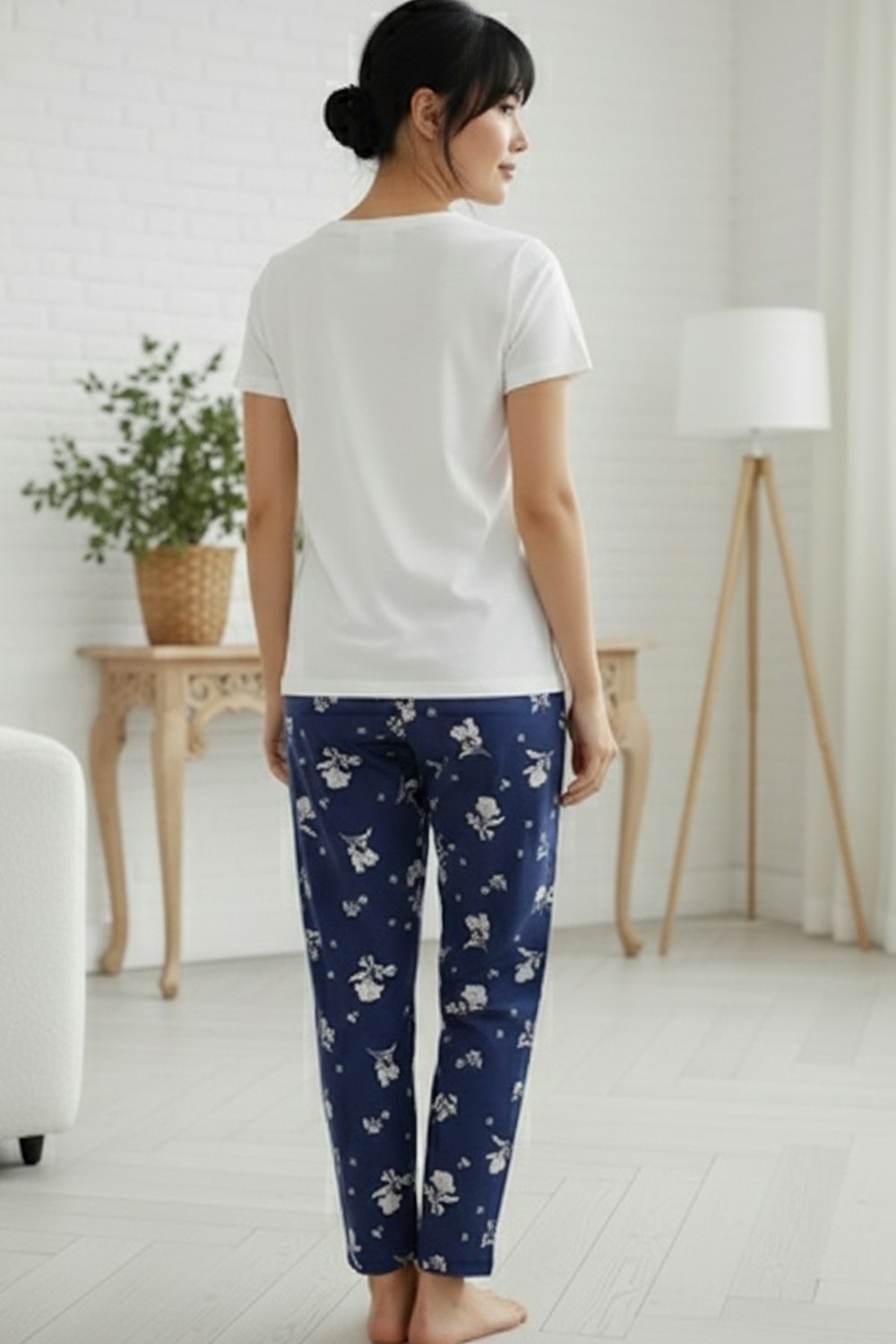 Siyah İnci Ekru Desenli Pamuklu Bisiklet Yaka Örme Pijama Takım görsel 3