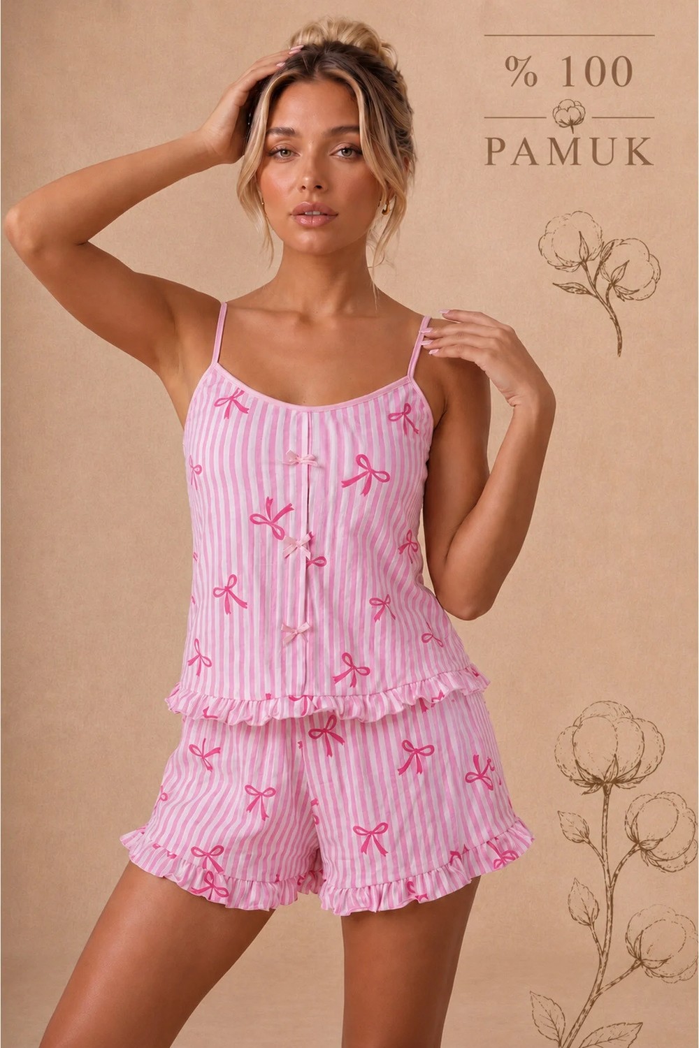Bella Notte Pembe %100 Pamuklu Çizgili Fiyonk Detaylı Askılı Şortlu Pijama Takımı