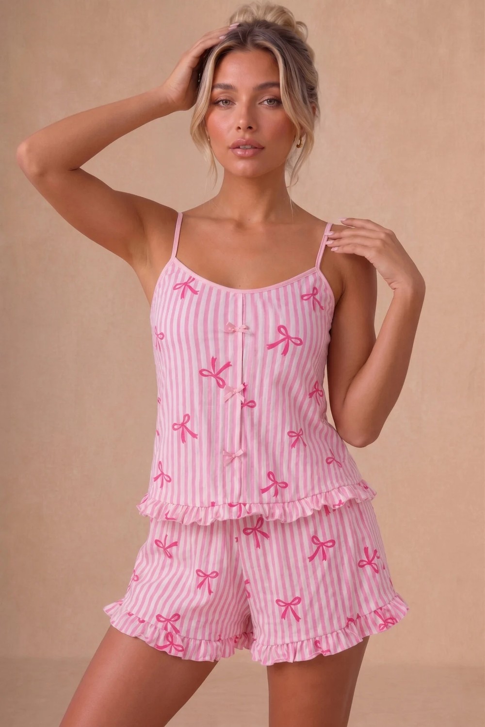 Bella Notte Pembe %100 Pamuklu Çizgili Fiyonk Detaylı Askılı Şortlu Pijama Takımı görsel 4