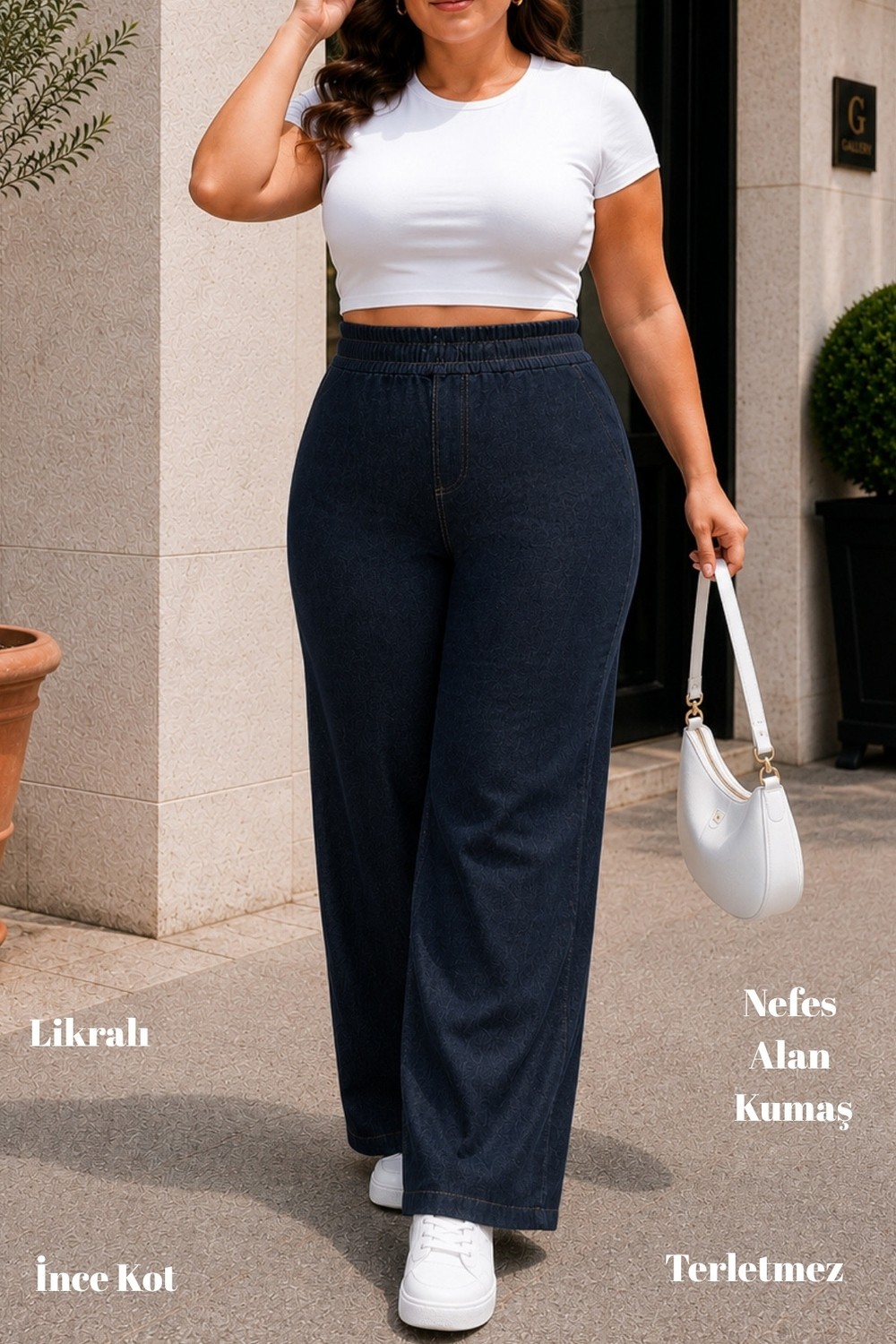 Cedy Denim Kadın Büyük Beden Yüksek Bel Palazzo Pantolon Yazlık Ince Kumaş Terletmez Likralı C633