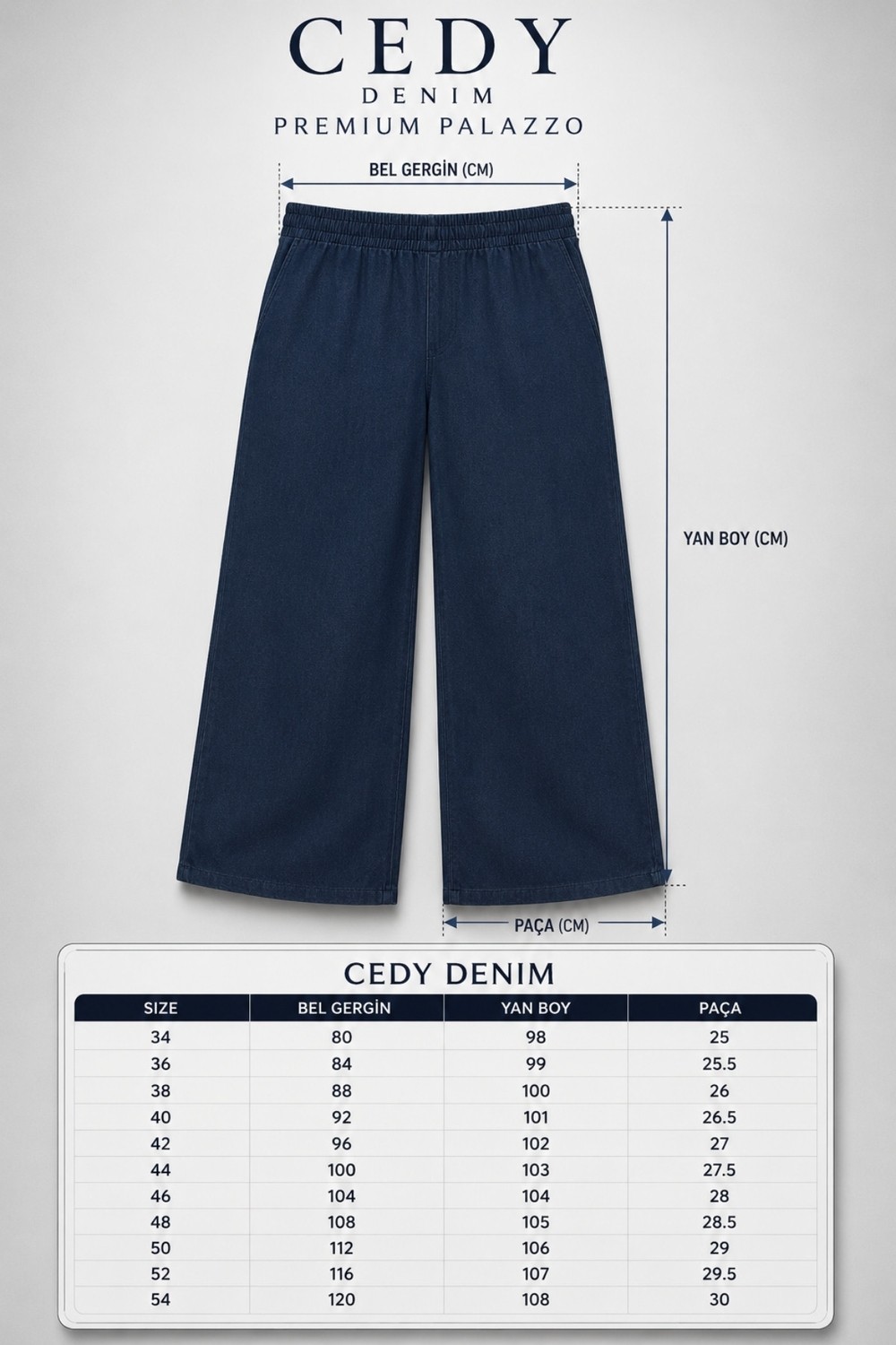 Cedy Denim Kadın Büyük Beden Yüksek Bel Palazzo Pantolon Yazlık Ince Kumaş Terletmez Likralı C633 görsel 2