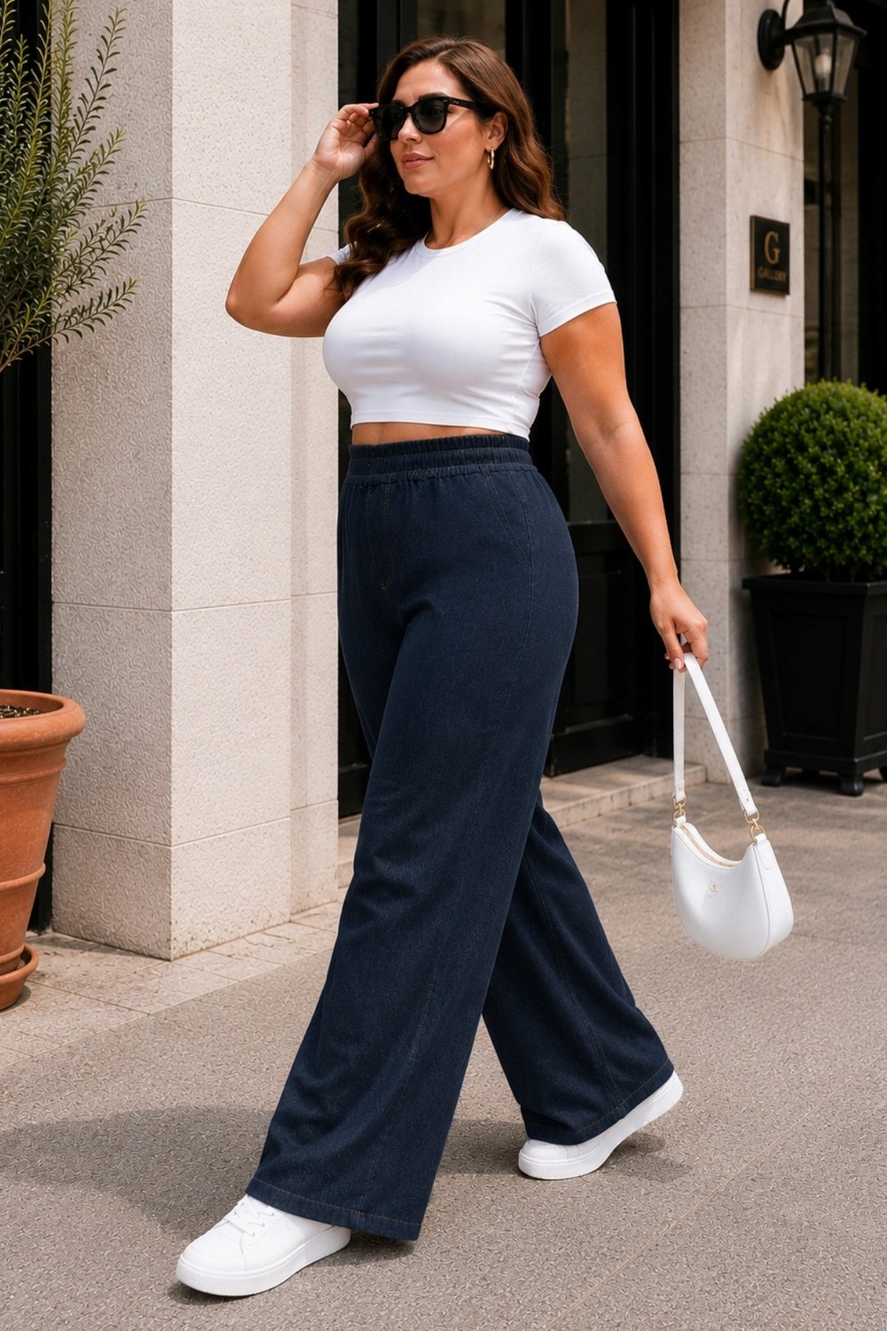 Cedy Denim Kadın Büyük Beden Yüksek Bel Palazzo Pantolon Yazlık Ince Kumaş Terletmez Likralı C633 görsel 4