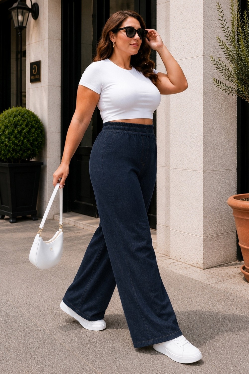 Cedy Denim Kadın Büyük Beden Yüksek Bel Palazzo Pantolon Yazlık Ince Kumaş Terletmez Likralı C633 görsel 6
